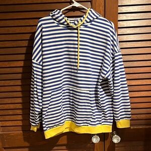 Source Unknown Blue and White Striped Hoodie with Yellow Trim